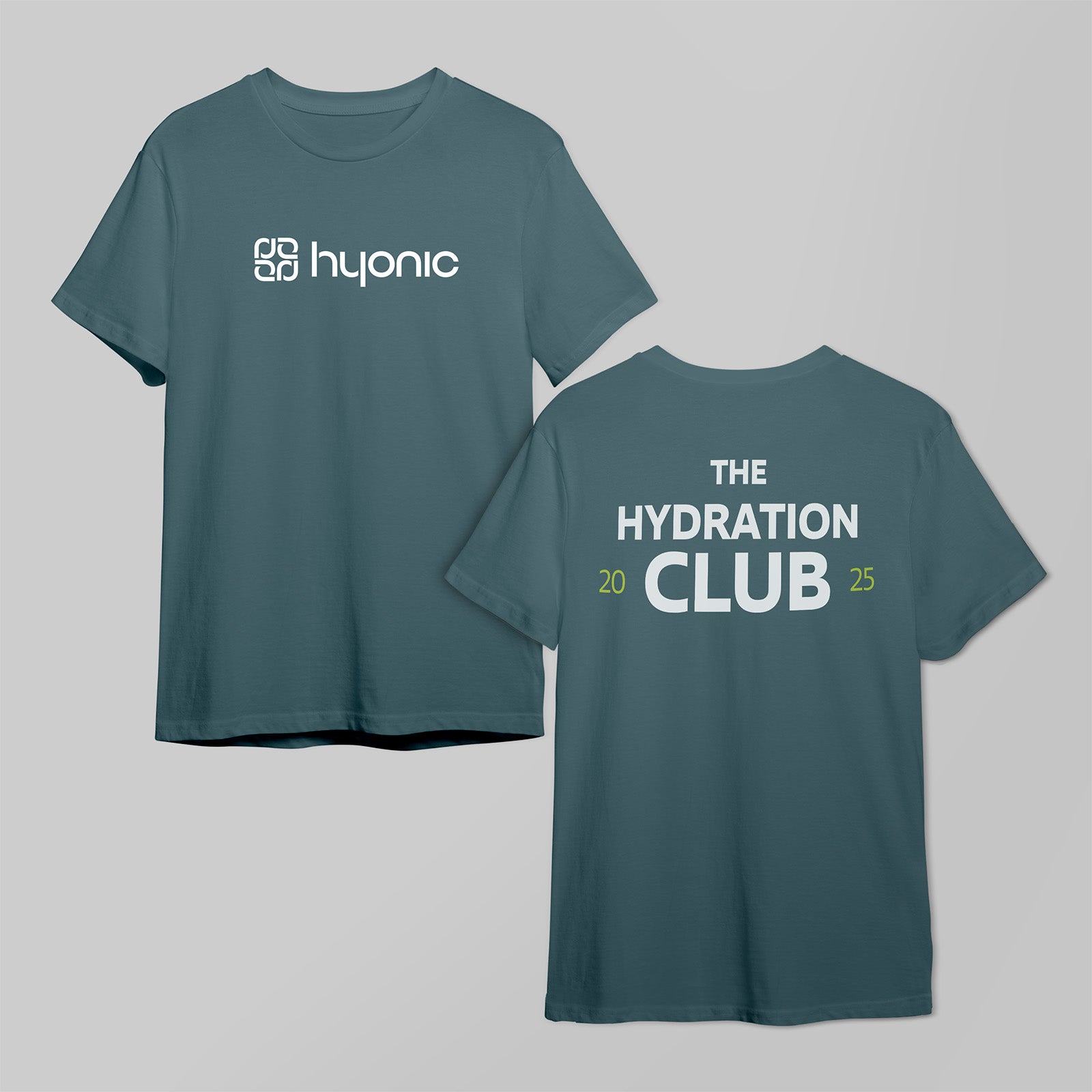 2 hydration club t-shirts showing what the front and back looks like